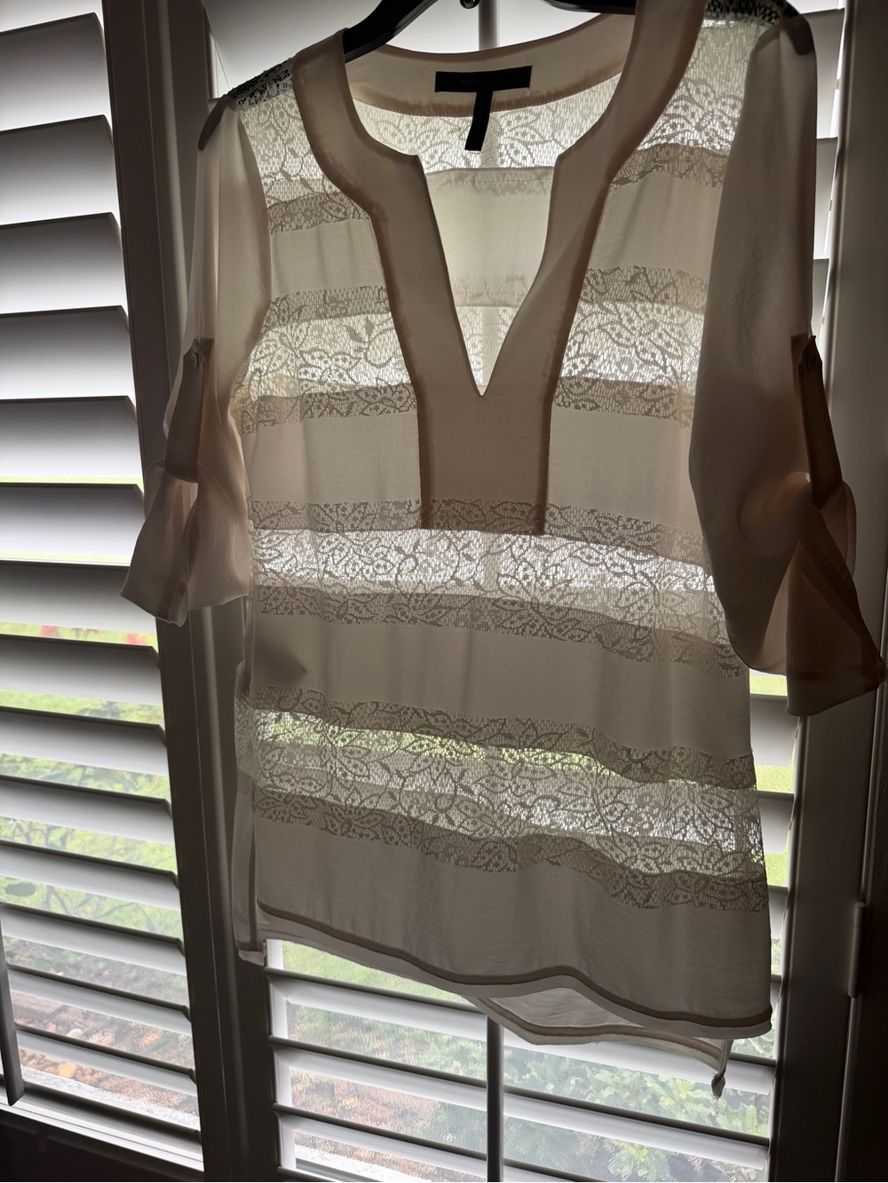 BCBGMaxAzria Ivory Sheer Lace-Striped V-Neck Blouse